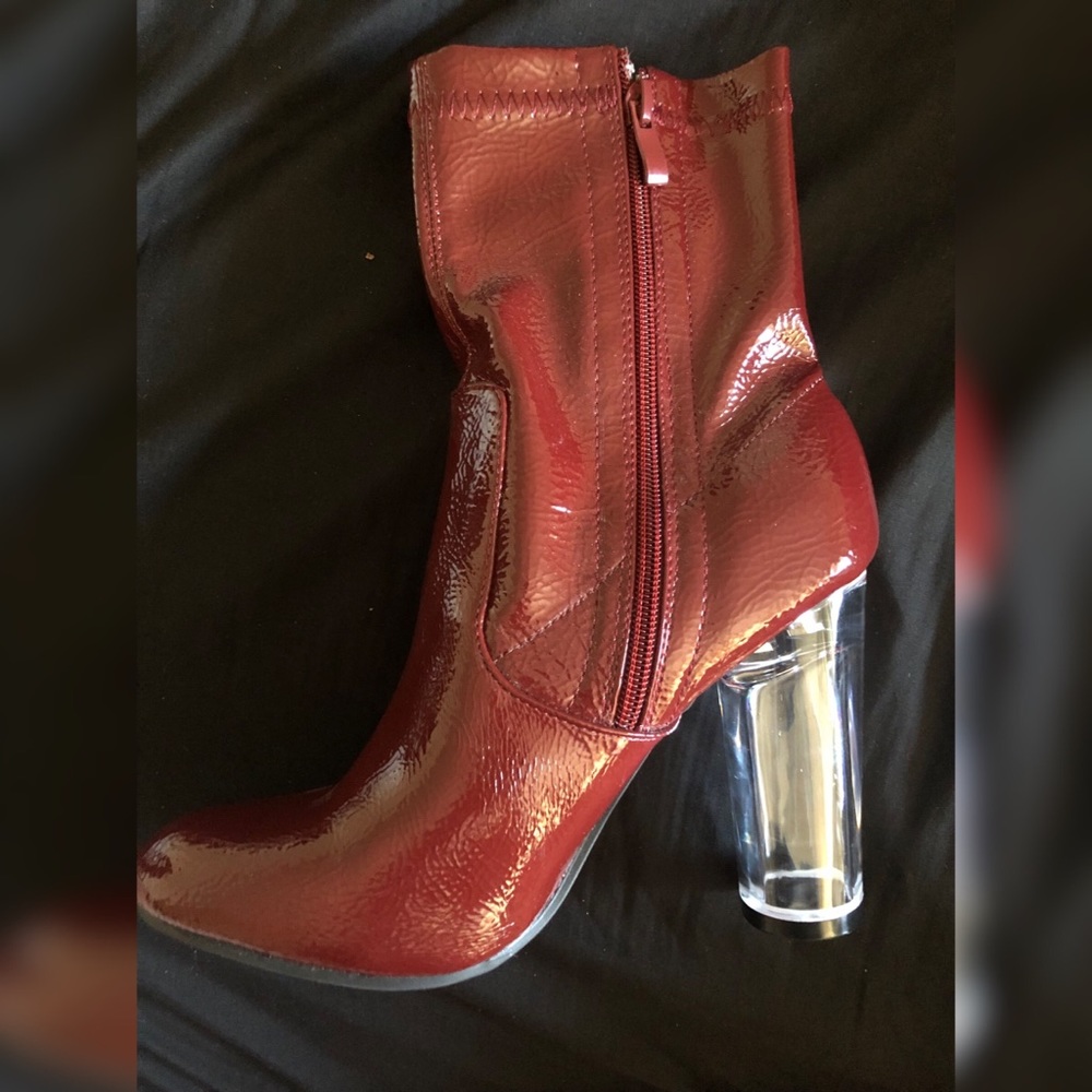 Clear heel dark red boots